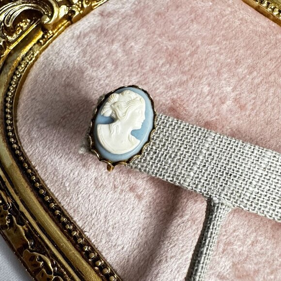 Vintage Gold Tone Blue & White Cameo Screw-back Earrings Mid-Century Modern MCM - Picture 6 of 9